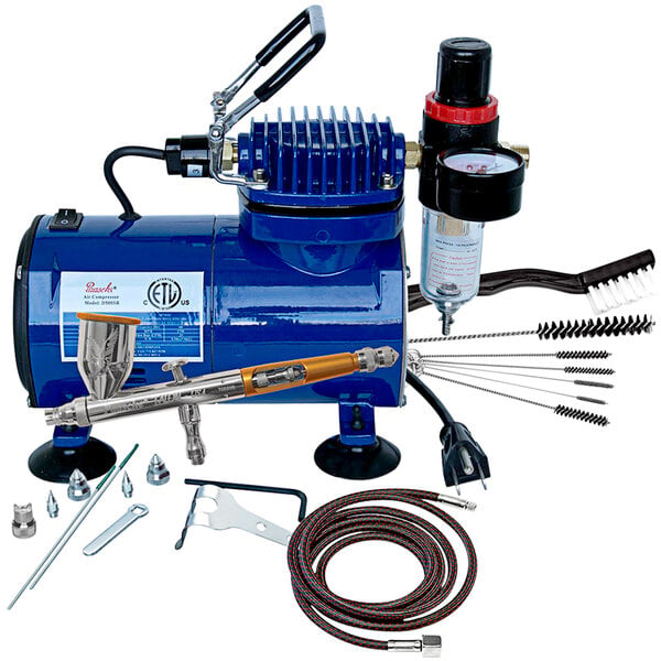 a blue air compressor with a tool