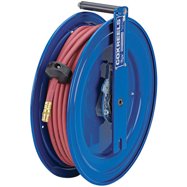 A blue Coxreels SR15-L325 hose reel with a low pressure hose.