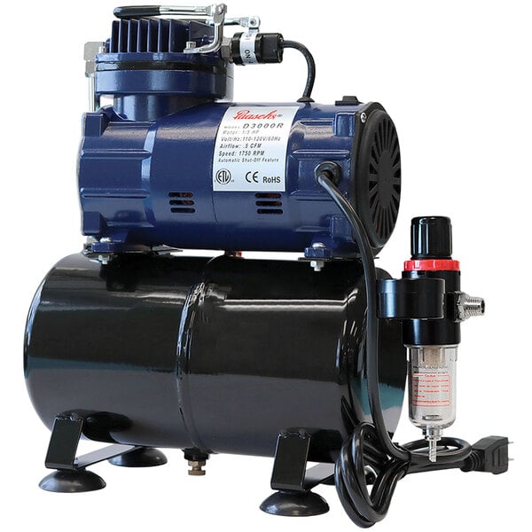 A blue and black Paasche air compressor with a hose.