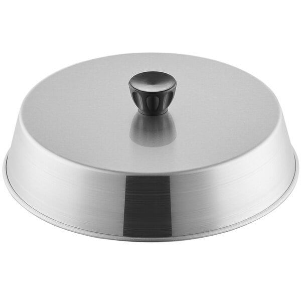 An American Metalcraft round aluminum basting cover with a black handle.