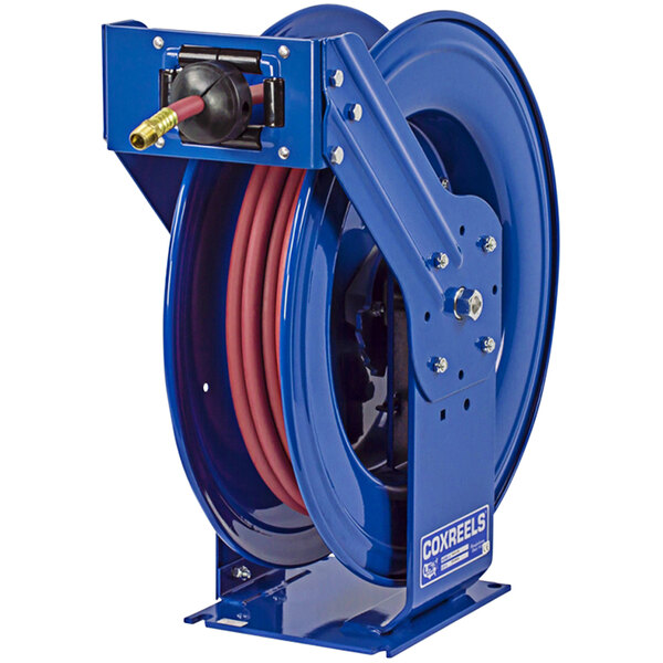 a blue and red hose reel