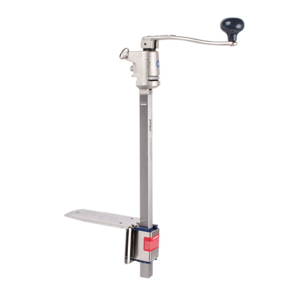 An Edlund heavy duty manual can opener with a metal stand and a blue handle.