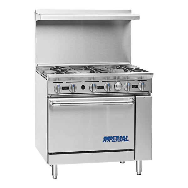 An Imperial Range stainless steel gas range with 6 burners and a convection oven.