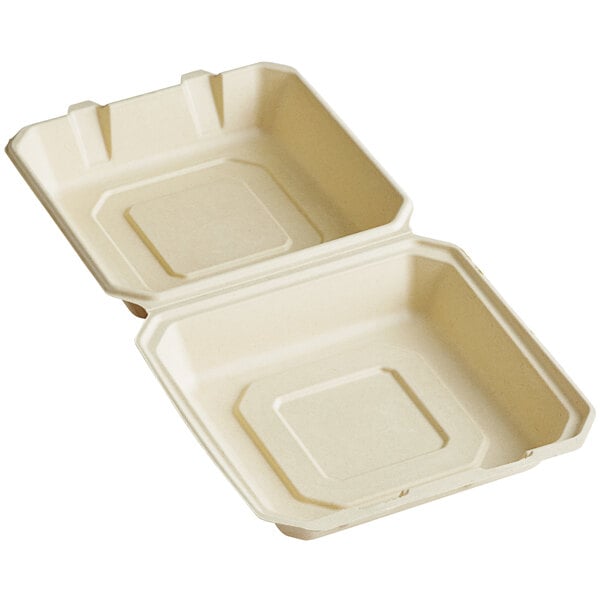 Pulp Safe No PFAS Added 32 oz White Sugarcane / Bagasse Large Clamshell  Container - 9 1/4 x 9 1/4 x 3 1/4 - 100 count box