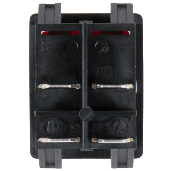 A black rectangular On / Off switch with red and silver metal parts.