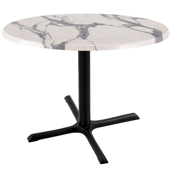 A white marble Holland Bar Stool table with a black cross base.