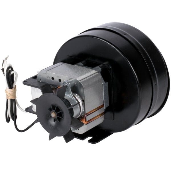 A black round electric motor with a black round wheel and cords.