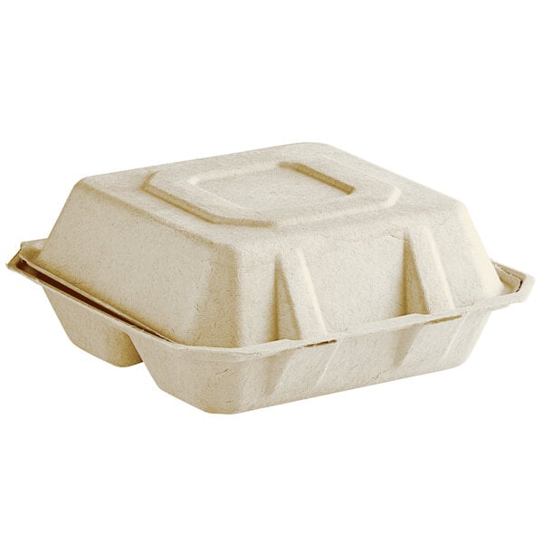 A white Tellus bagasse clamshell container with three compartments and a lid.