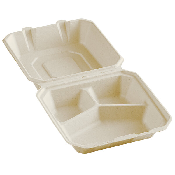 A white bagasse container with three compartments.