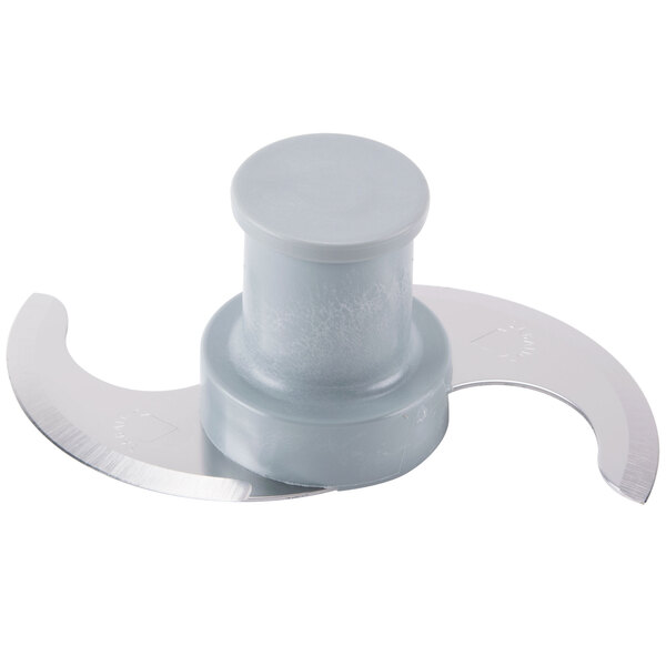 A close-up of a grey plastic and metal blade.