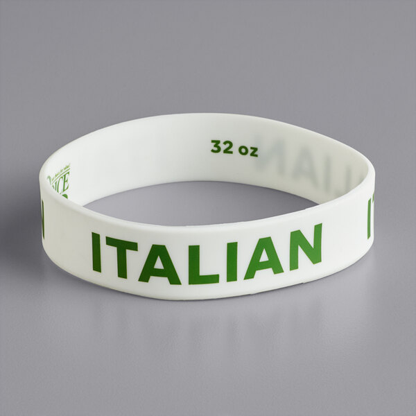 A white silicone band with "Italian" in green text.