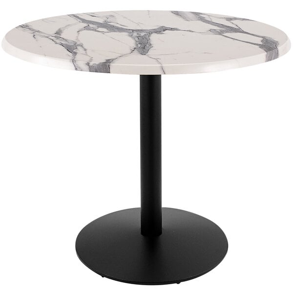 A white marble table with a black base.