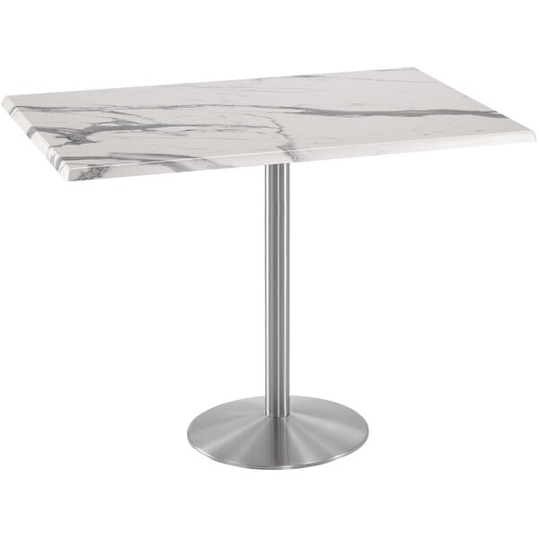 A white marble Holland Bar Table with a silver metal base.