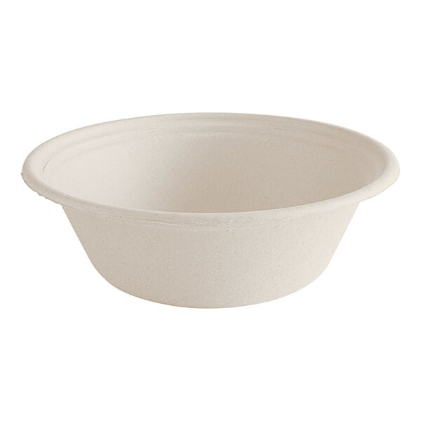 A plain, round, compostable fiber bowl with a 32 oz. capacity.