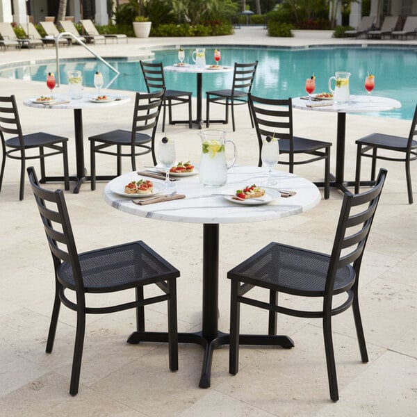 Holland Bar Stool OD211-3030BWOD36RWM 36" Round White Faux Marble Laminate Outdoor / Indoor Standard Height Table with Cross Base