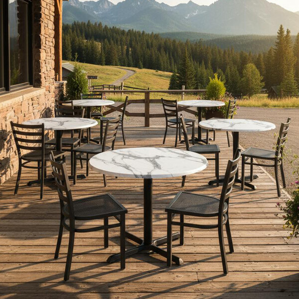 Holland Bar Stool OD211-3030BWOD36RWM 36" Round White Faux Marble Laminate Outdoor / Indoor Standard Height Table with Cross Base