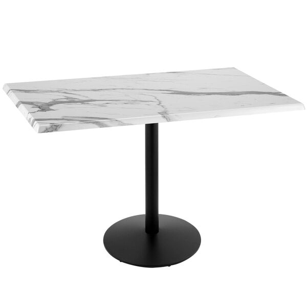 A white marble table with a black base.