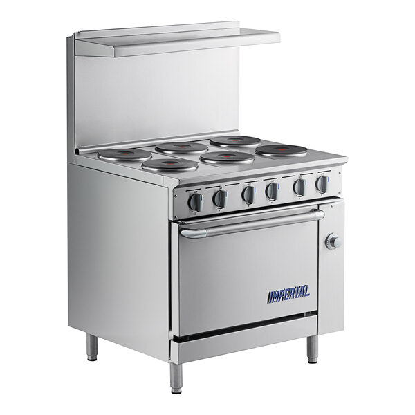 An Imperial Range stainless steel 36" electric range with 6 round plates and a standard oven.