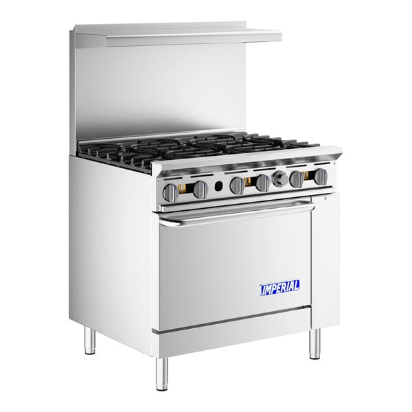 A commercial stainless steel 6-burner natural gas range with an oven and backsplash.