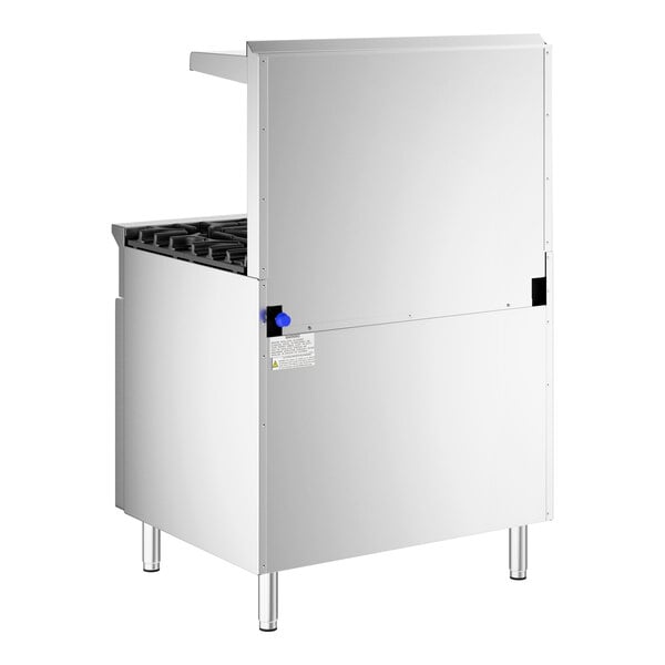 A commercial stainless steel 6-burner natural gas range with a standard oven and high backsplash.