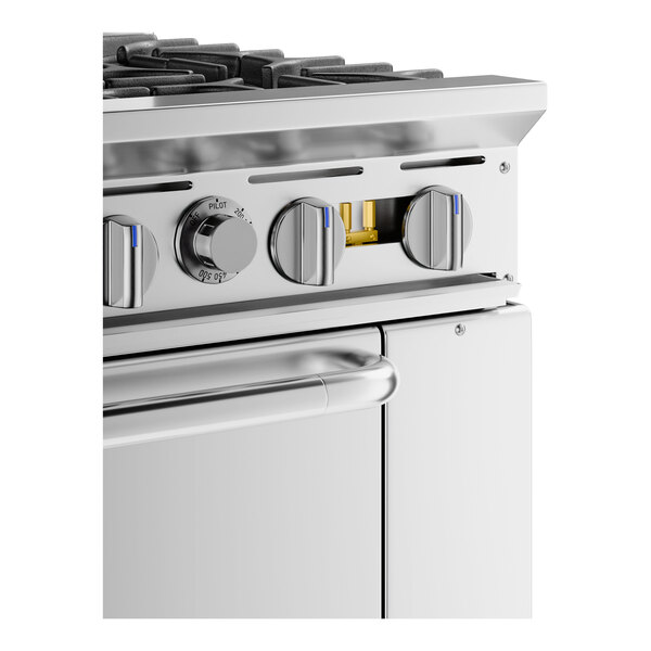 A stainless steel 6-burner natural gas range with control knobs and an oven handle.