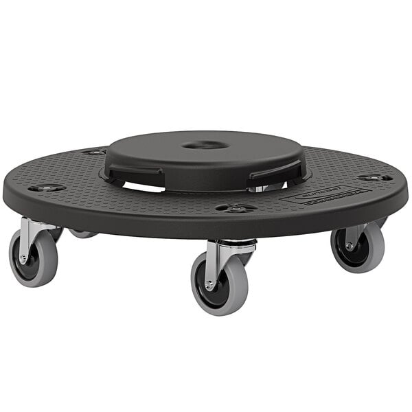 A black Suncast trash can dolly with wheels.