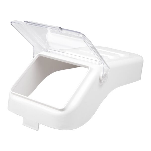 A white replacement lid with a clear flip-top cover designed for a 6.25 gallon or 100 cup shelf ingredient bin.
