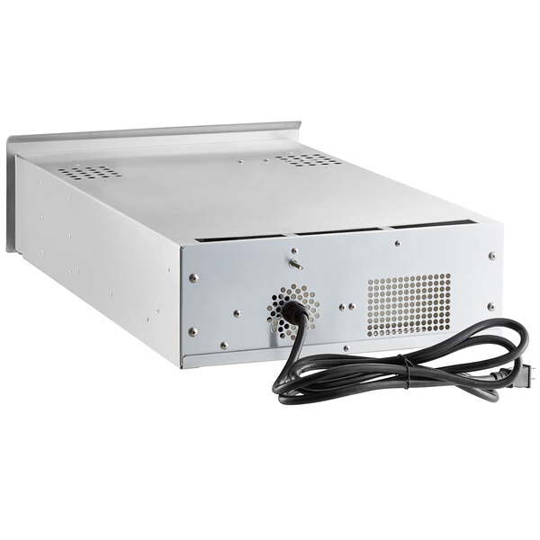 A silver metal MainStreet Equipment control drawer with a black cord.