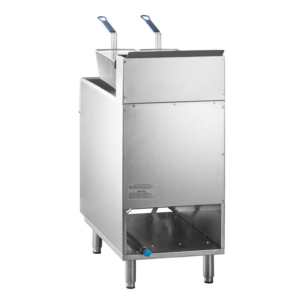 A commercial stainless steel tube-fired deep fryer with two fryer baskets and blue handles.