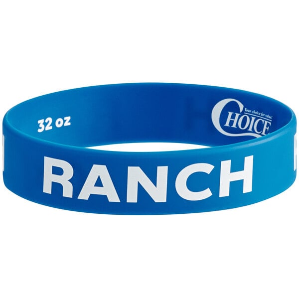 A blue rubber wristband with white text that says "Ranch"