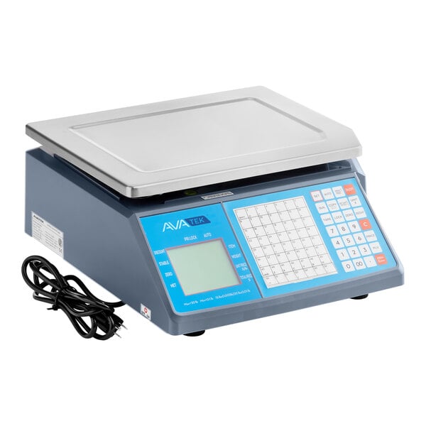 A digital price computing scale with a keypad, display screen, and a power cord.