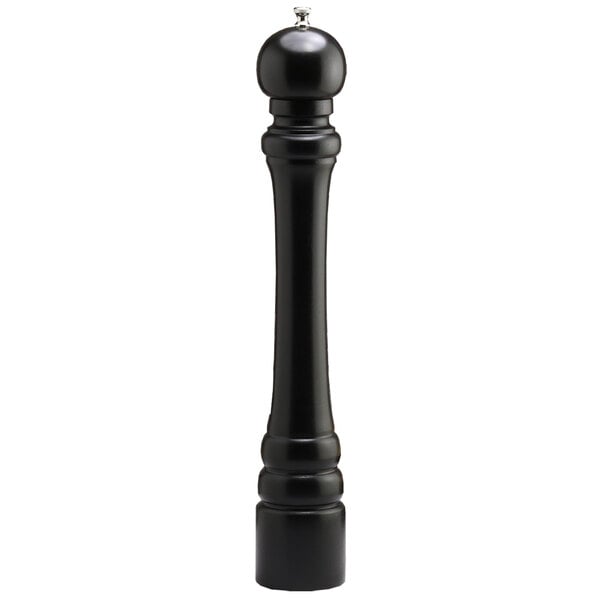 A black pepper mill with a silver handle.