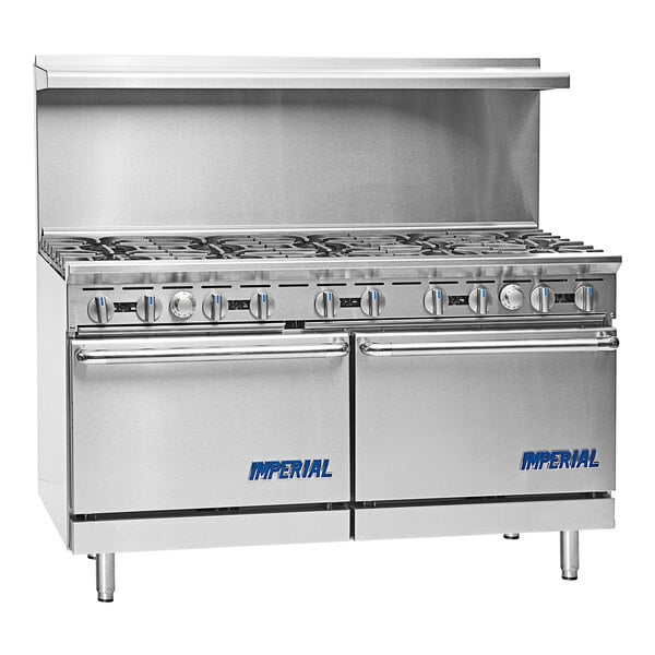 A large stainless steel Imperial Range with 10 burners and 2 standard ovens.