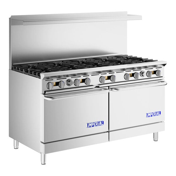 A large stainless steel commercial gas range with ten burners and two ovens.