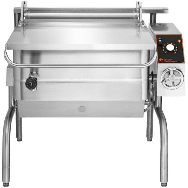 A large stainless steel Groen tilting braising pan.