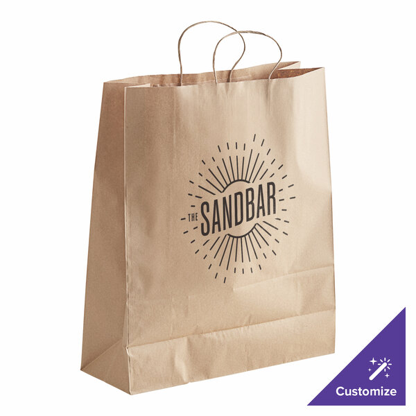 A natural kraft paper shopping bag with handles and black text that reads "Sandbar"