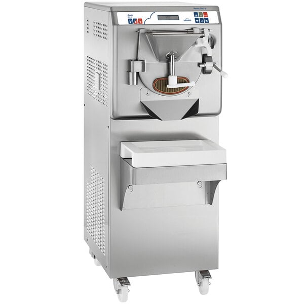 A Carpigiani commercial ice cream batch freezer on wheels.