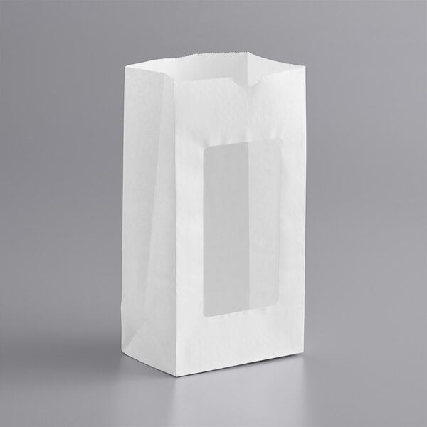 A white rectangular paper bag with a clear window.