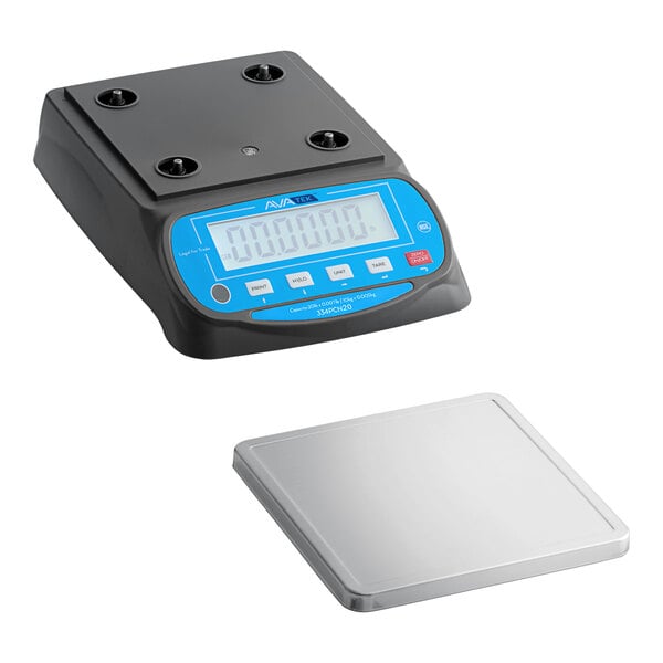 A digital portion scale with a separate stainless steel weighing platform and a blue backlit display.