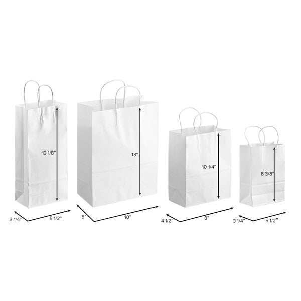 A group of white Choice paper shopping bags with size and measurements.