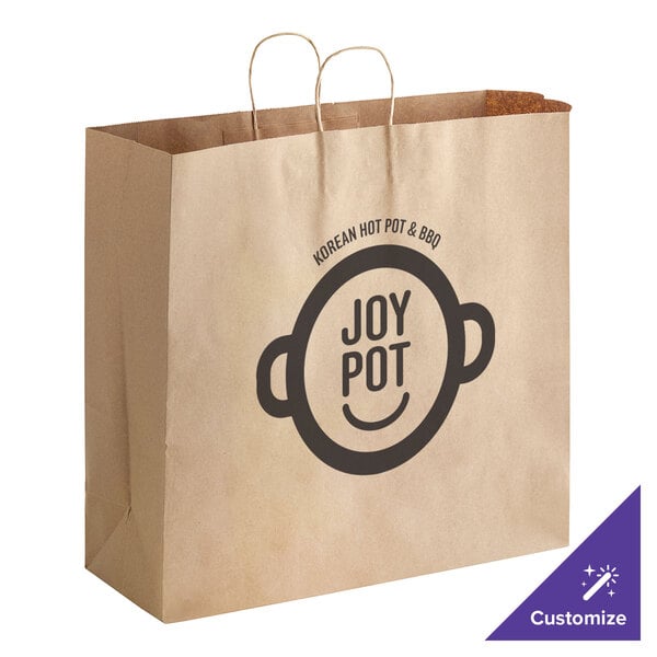 A brown paper bag with a logo of a pot on it.