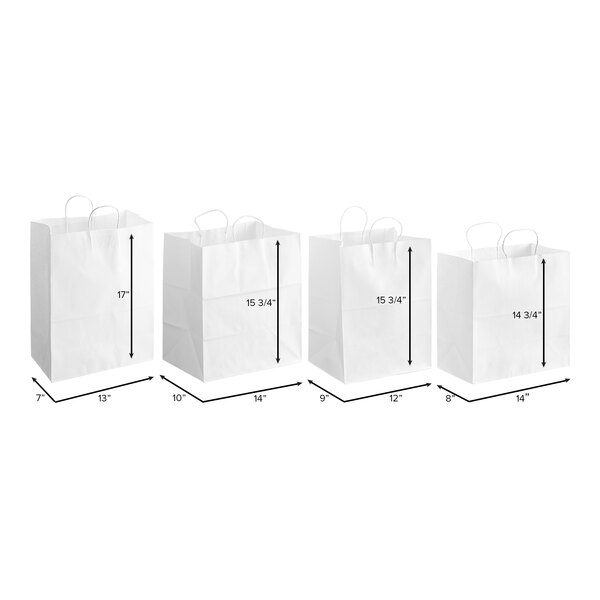 A row of white Choice paper shopping bags with measurements.