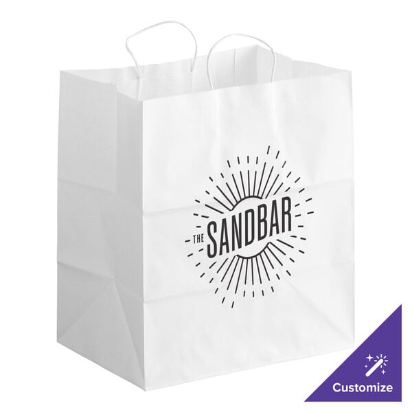 A white paper shopping bag with handles and black customizable text.