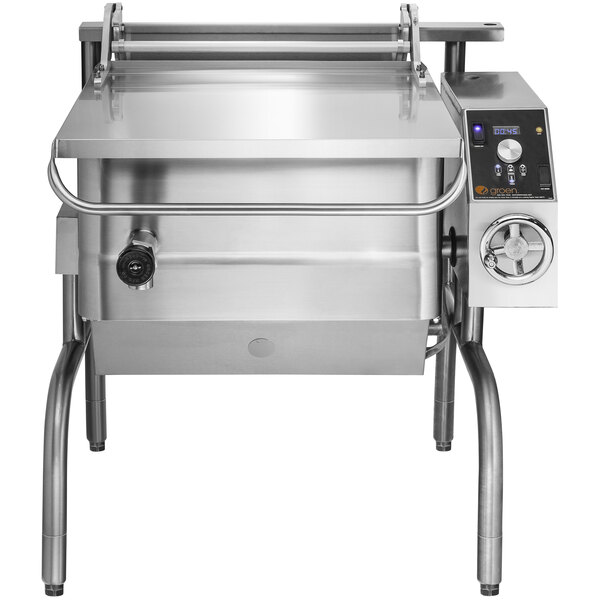 A Groen stainless steel 30-gallon tilting electric braising pan.