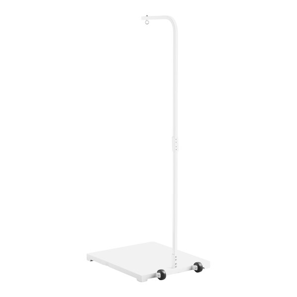 A white portable scale stand with a flat base, vertical pole, and wheels for mobility.