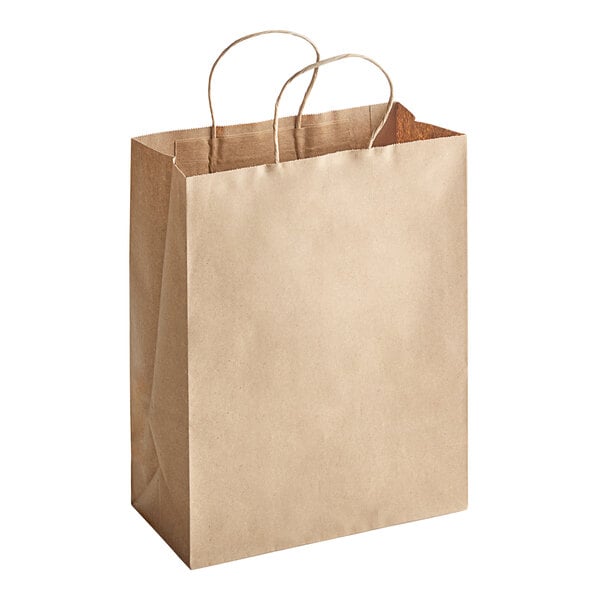 A brown paper bag with handles.
