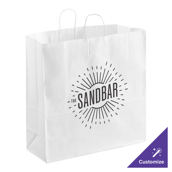 A white shopping bag with a logo on it.