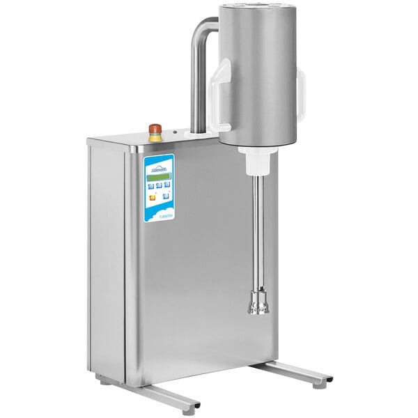 A Carpigiani Turbomix vertical blender with a stainless steel bowl and handle.