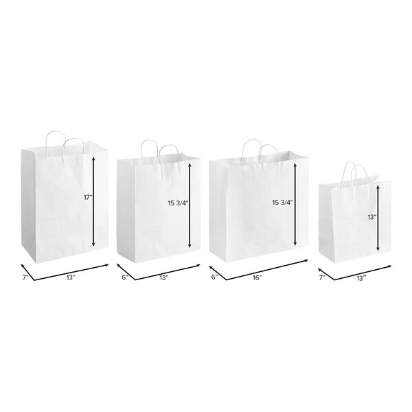 A row of white Choice paper shopping bags with black text reading "13" x 7" x 17"" and a black arrow.