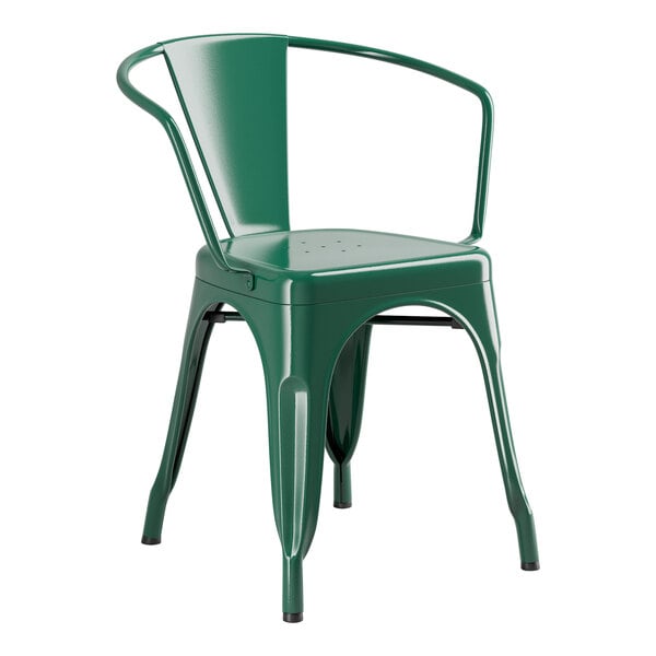 A Lancaster Table & Seating green metal outdoor arm chair.